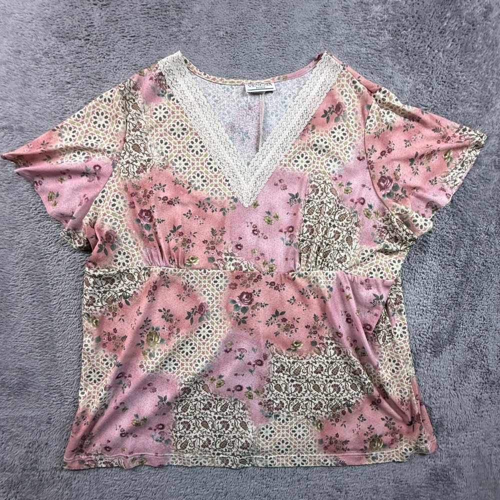 Venezia Vitale Top Womens 2X Pink Excellent Floral Lace V-Neck Vintage Blouse